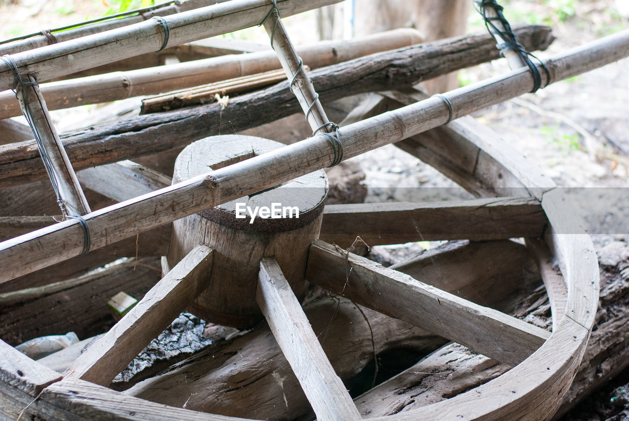 HIGH ANGLE VIEW OF OLD WHEEL IN ABANDONED BUILDING