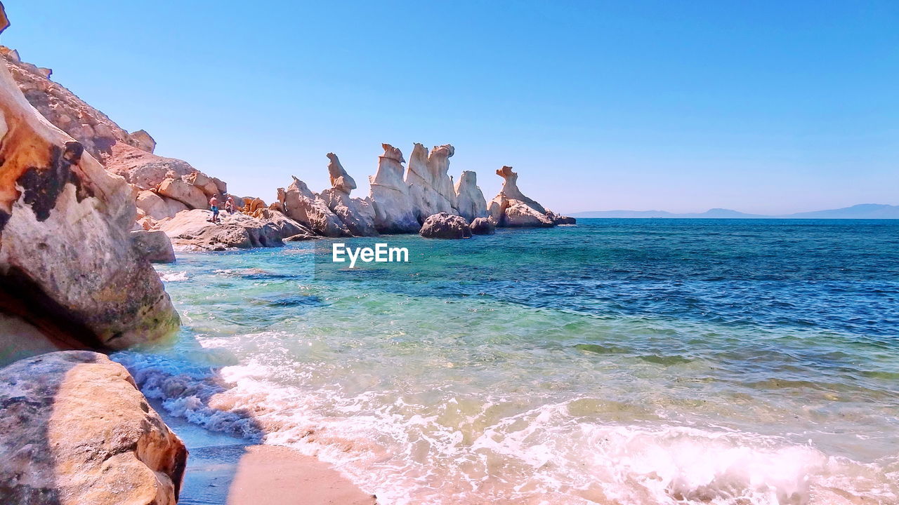 Panoramic view of sea against clear blue sky