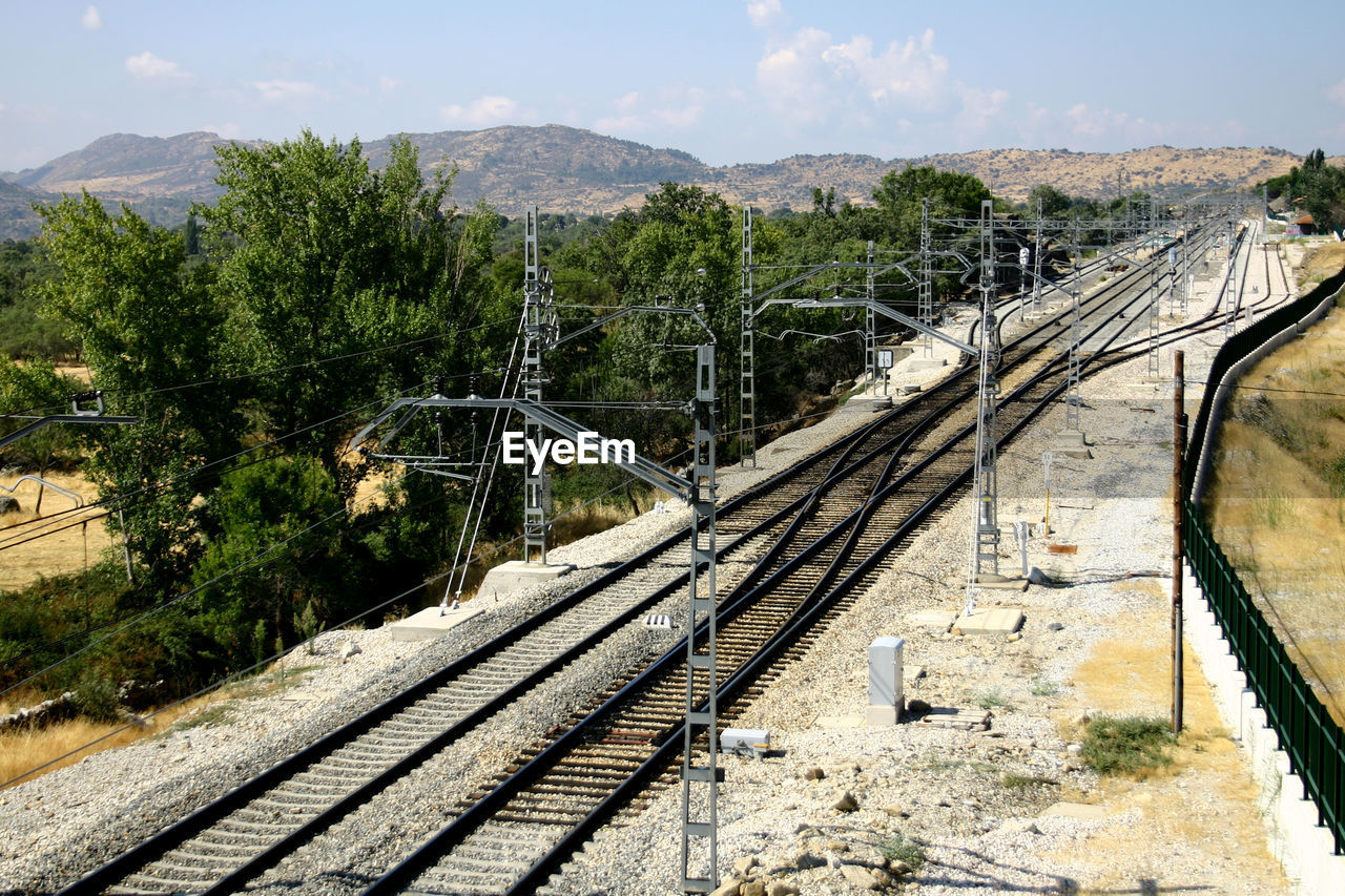 HIGH ANGLE VIEW OF RAILWAY TRACKS AMIDST TREES AGAINST SKY