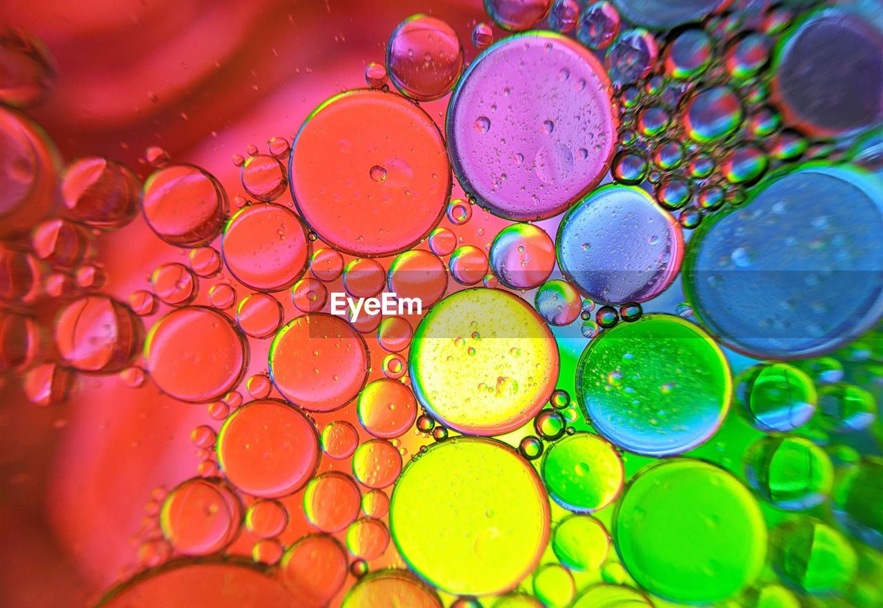 Colorful bubbles abstract background, oil bubbles in transparent liquid backdrop