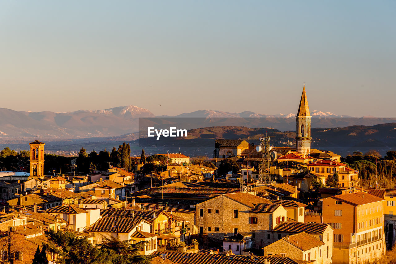 High angle view of cityscape against sky during sunset