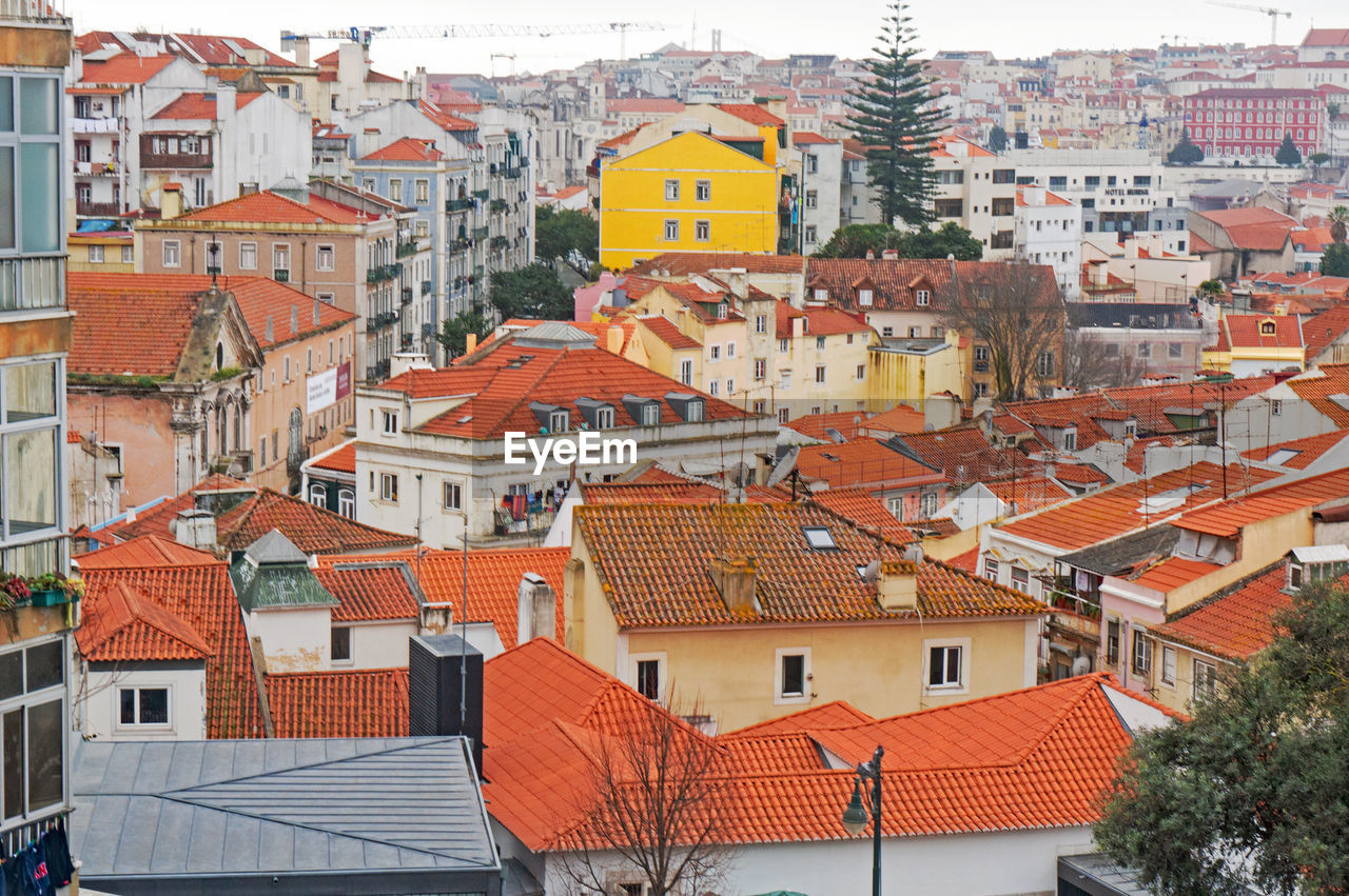 High angle view of houses in city