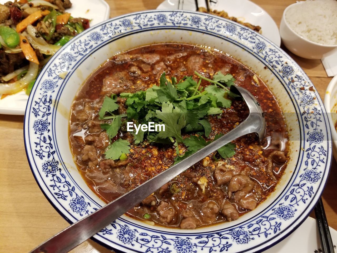 High angle view of soup in bowl on table