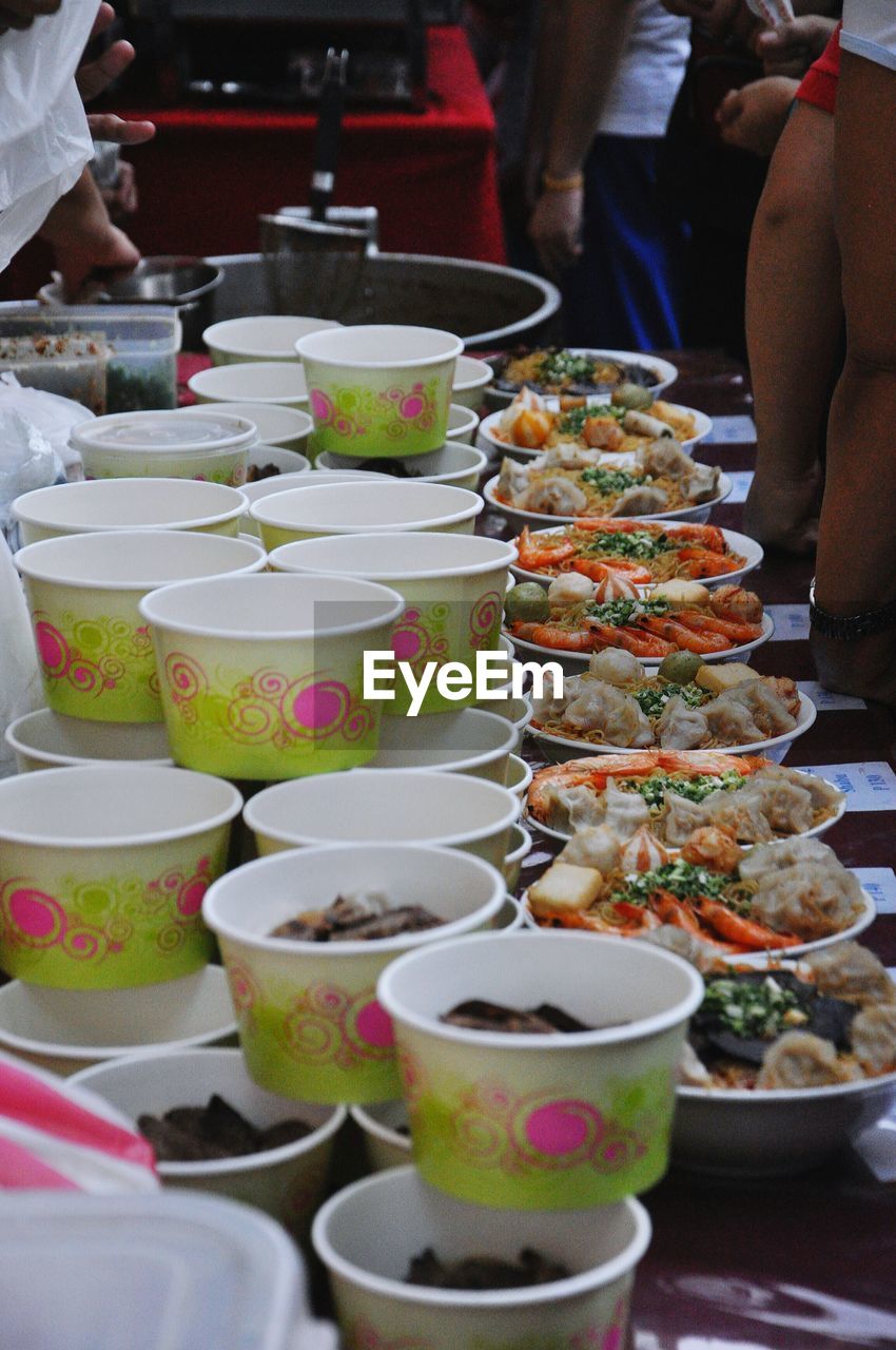 High angle view of seafood served on table