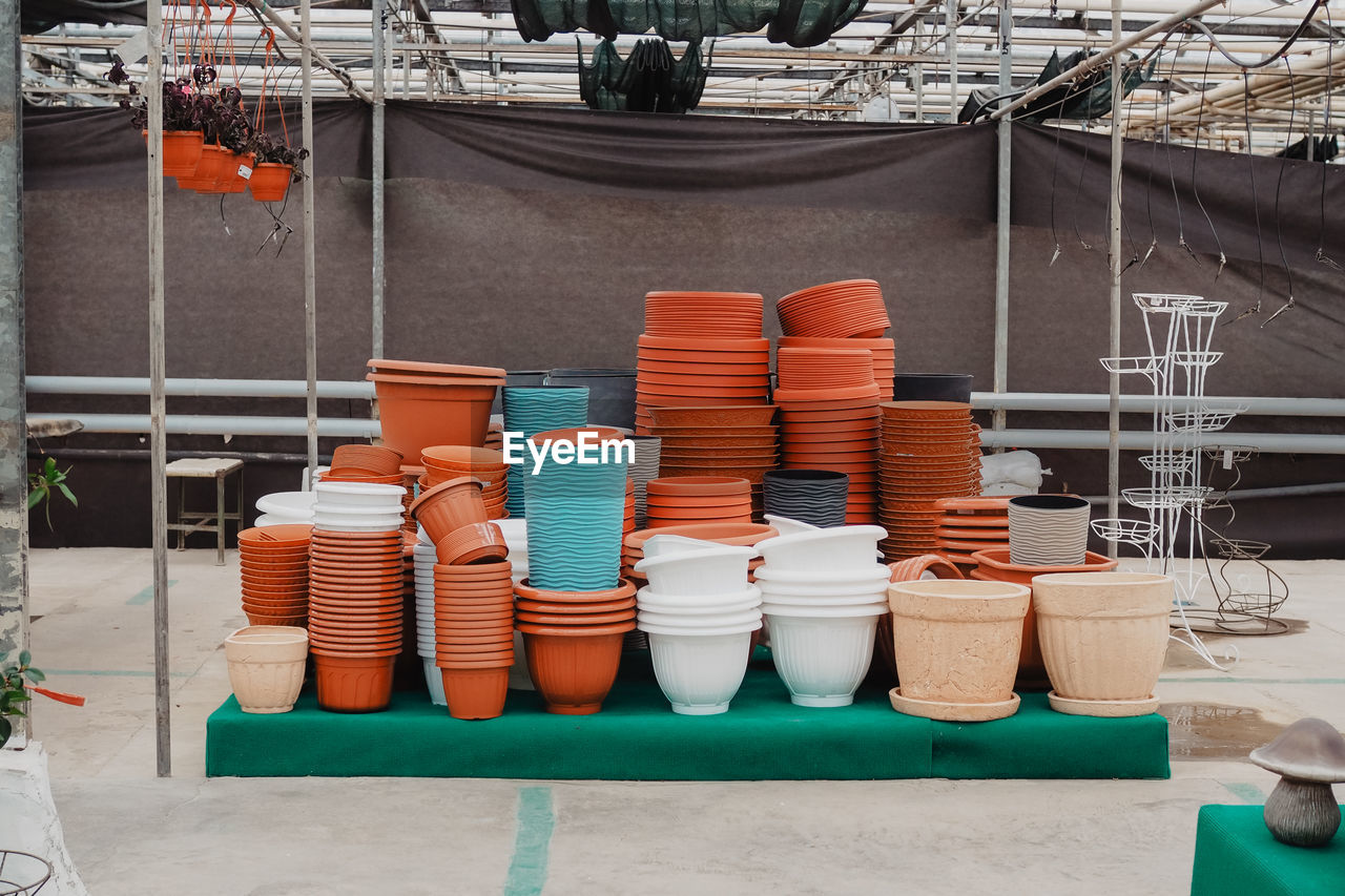 Plastic flower pots on display. high quality photo