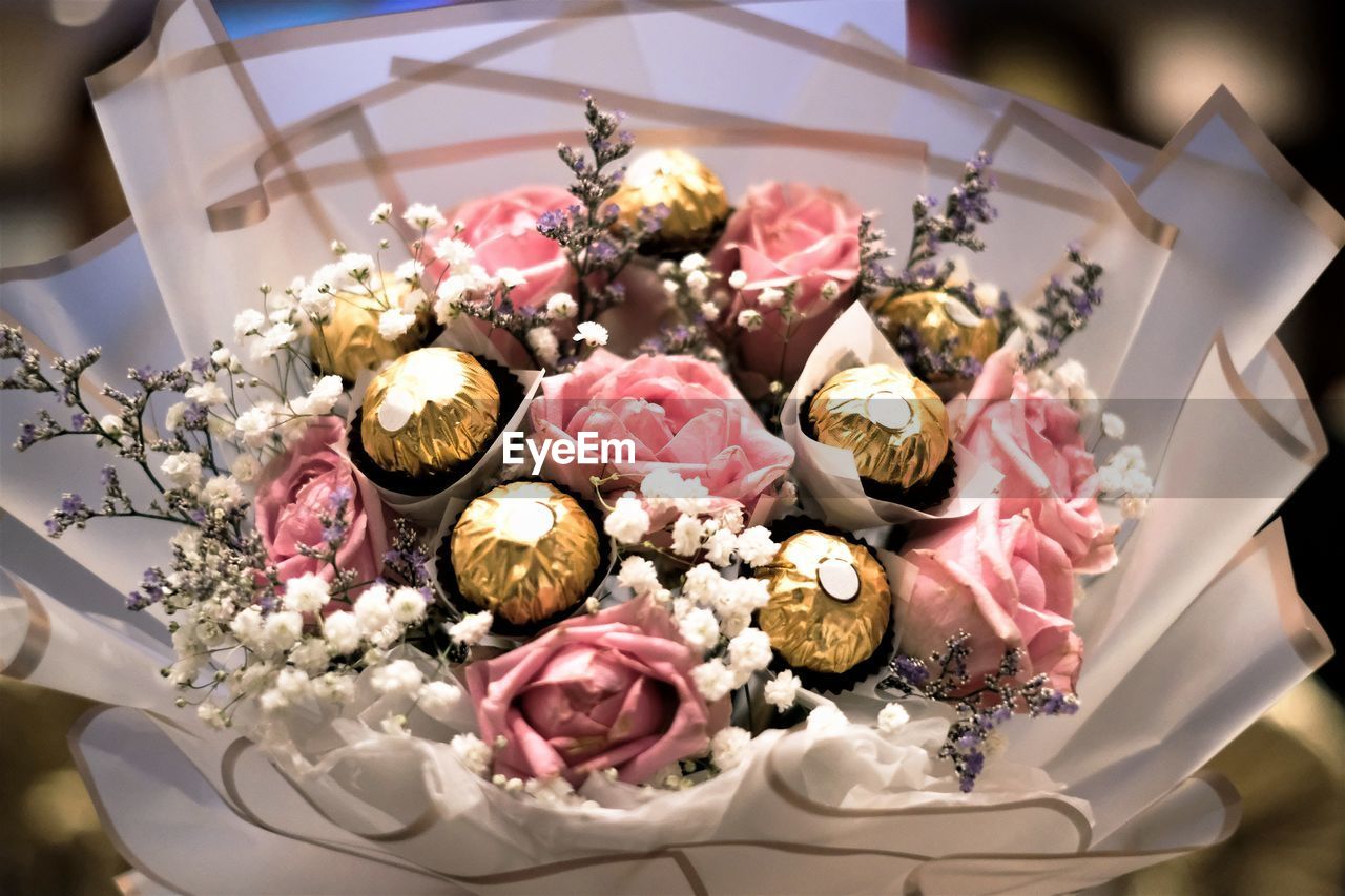 High angle view of rose bouquet on table