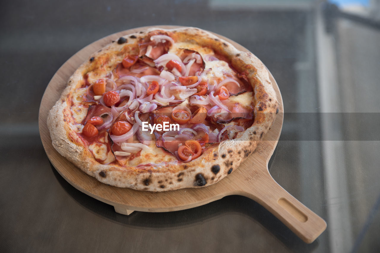 High angle view of pizza on table