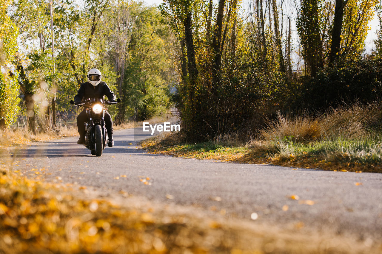 Man in leather jacket and helmet riding bike on asphalt road in sunny autumn day in countryside