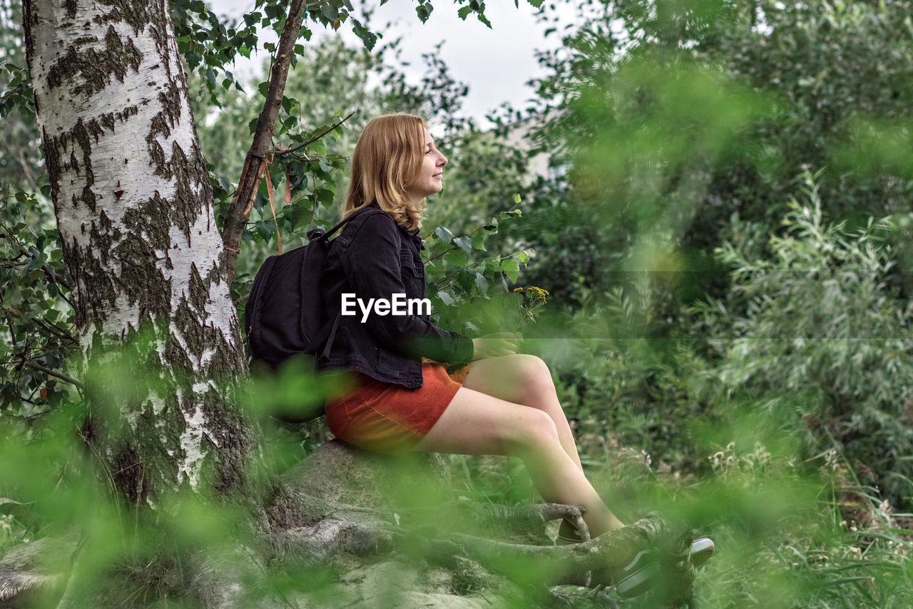 Rear view of woman sitting in forest