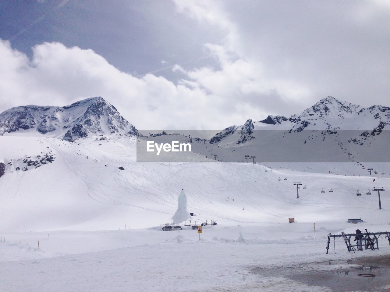 Scenic view of snowcapped mountains against cloudy sky
