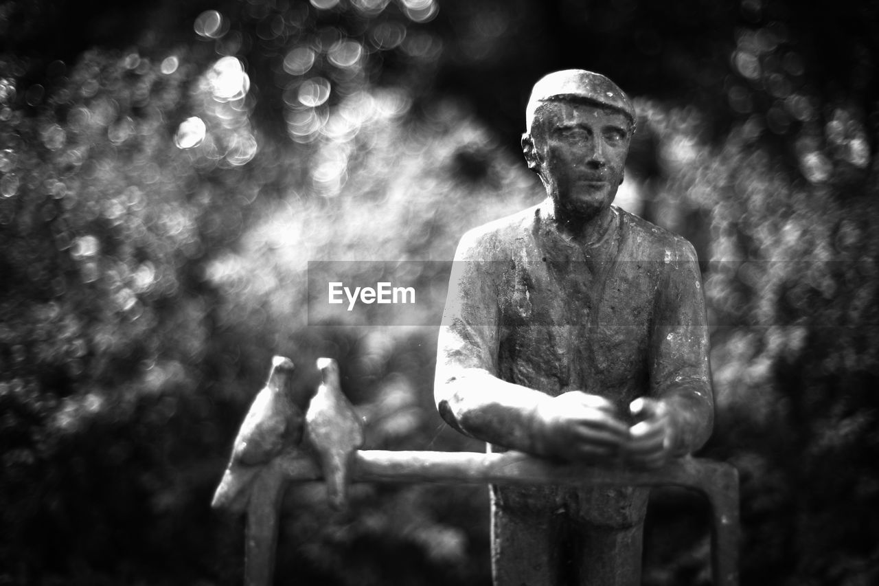 black and white, monochrome photography, monochrome, darkness, one person, men, adult, tree, person, nature, black, front view, outdoors, statue, sitting