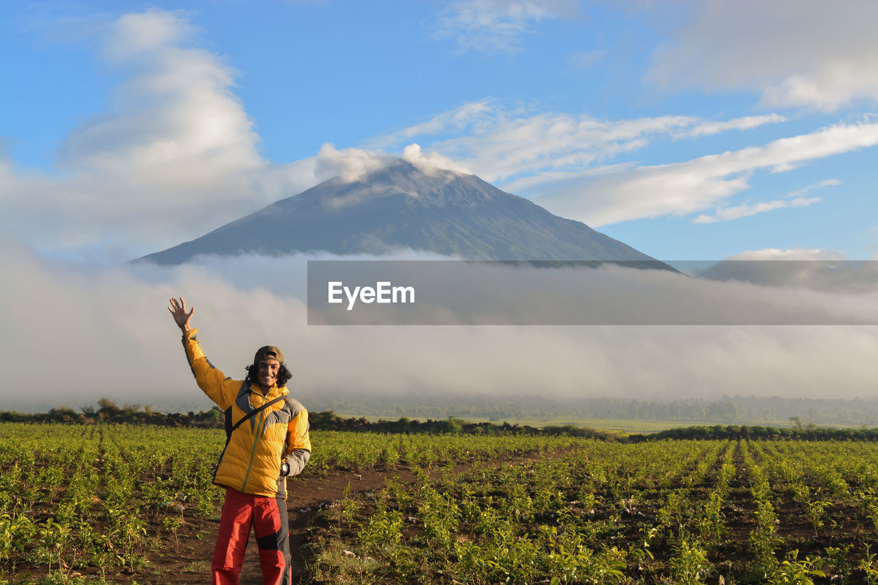 In the morning on the kay uaro tea plantation and the background of the kerinci mountain view