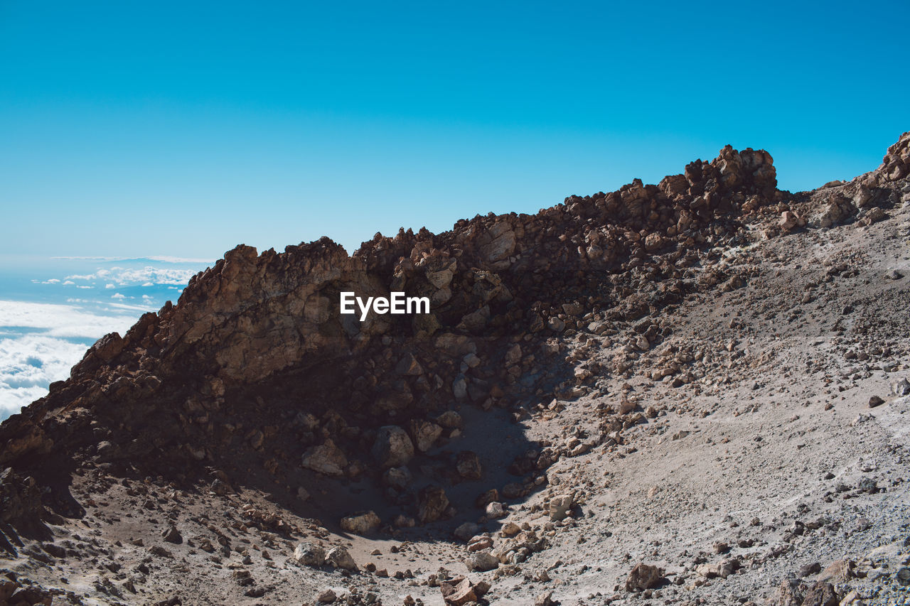 Rock formations against clear blue sky