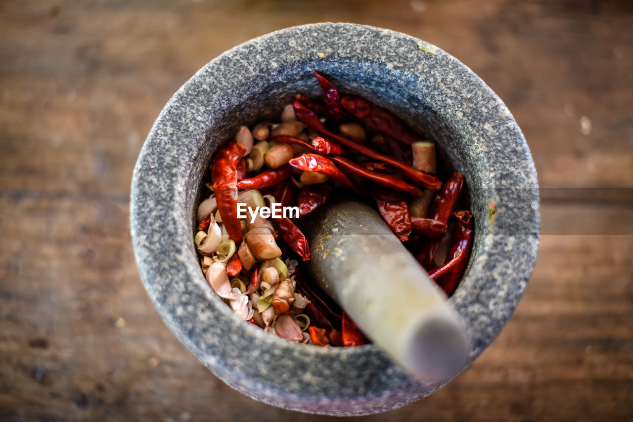 High angle view of food in container on table