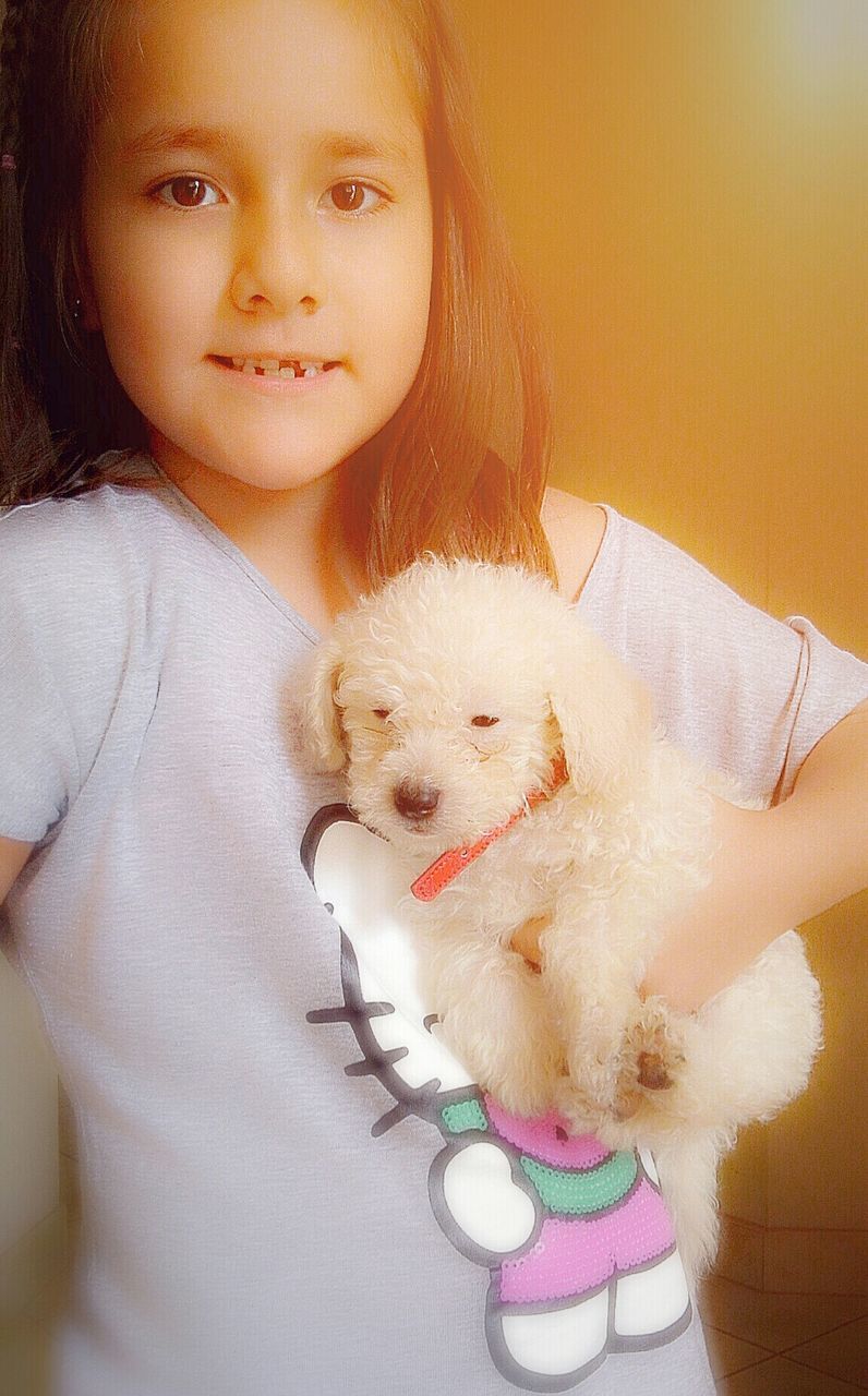 Portrait of cute girl with puppy at home