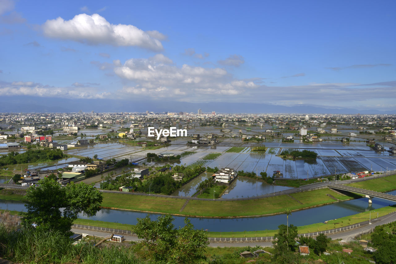 High angle view of cityscape against sky