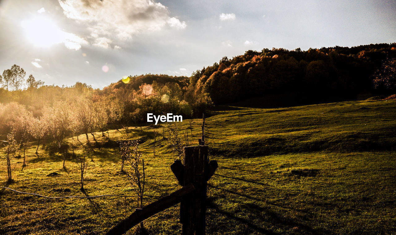 Scenic view of mountains and field against sky