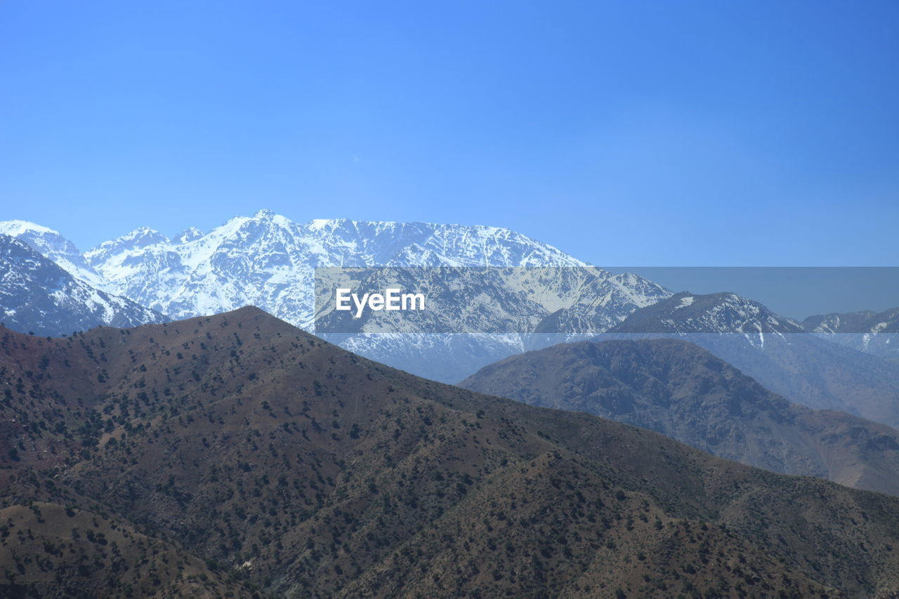 Scenic view of snowcapped mountains against clear sky