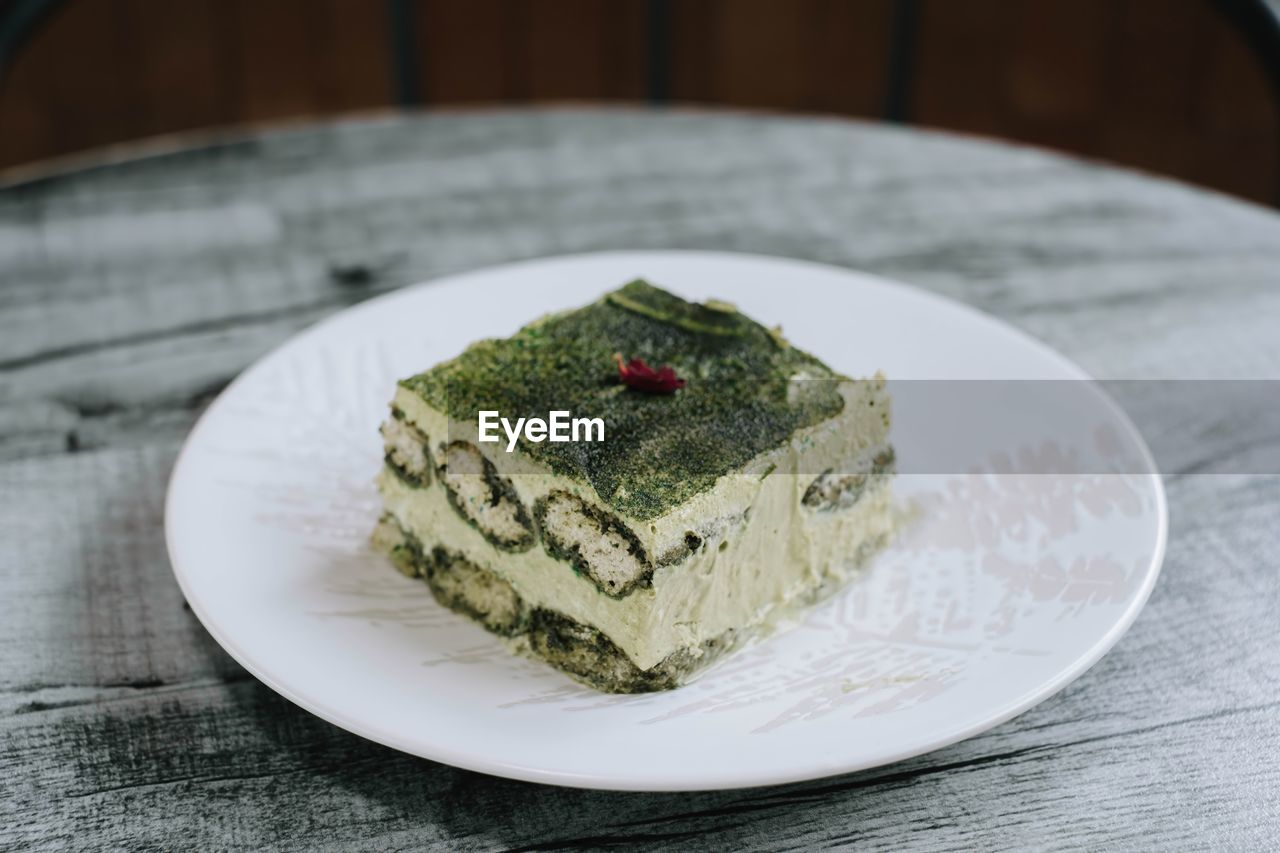 high angle view of cake in plate on table