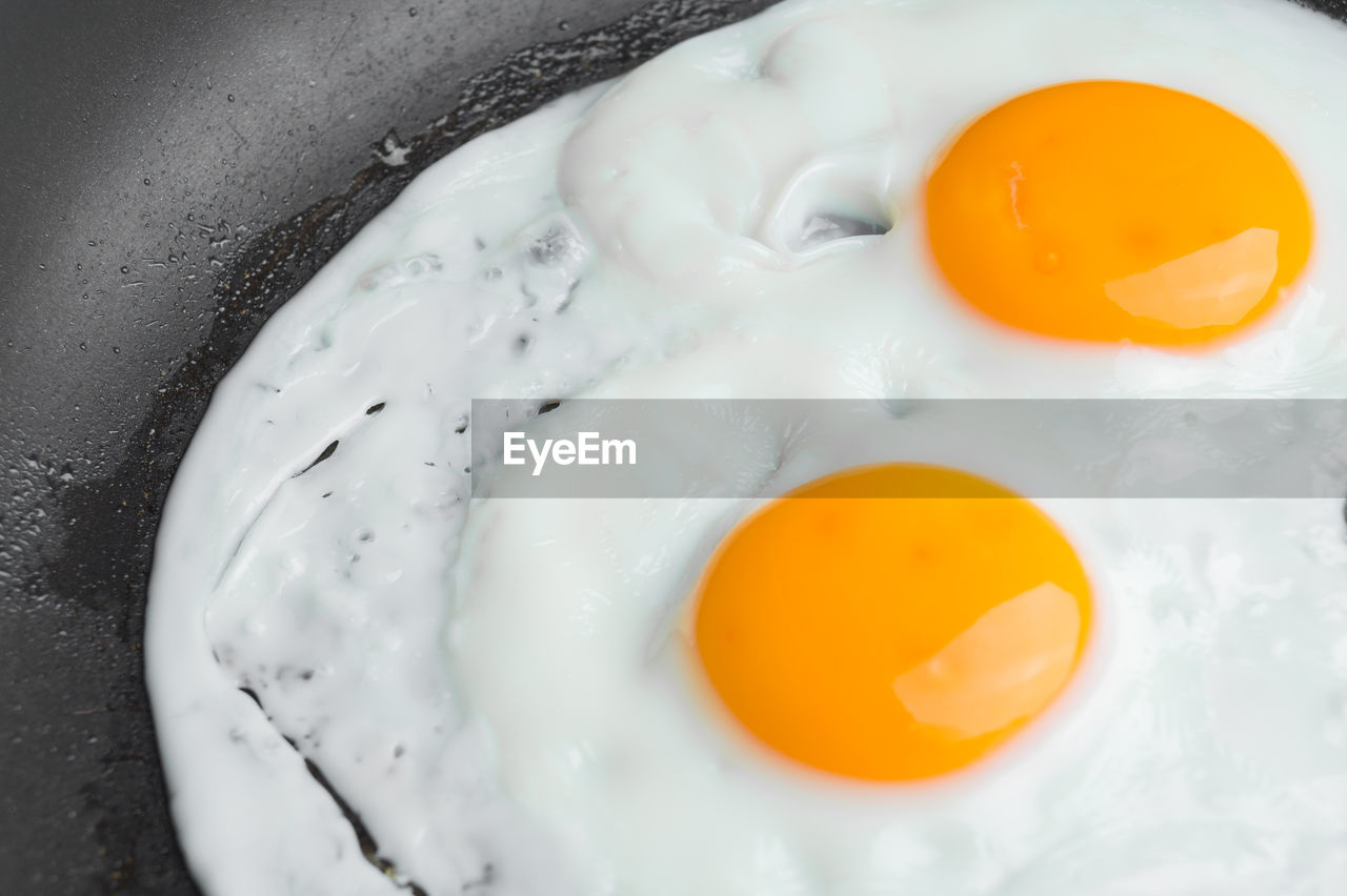 Close-up of fried eggs in frying pan