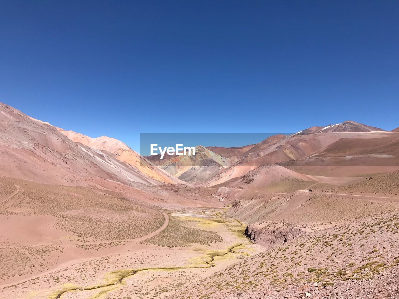 Scenic view of arid landscape and mountain against clear blue sky