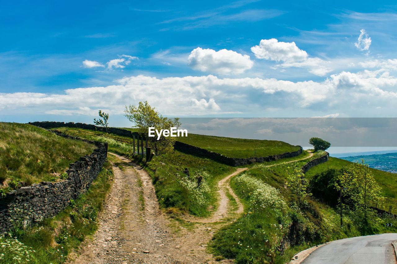 Panoramic shot of road amidst field against sky