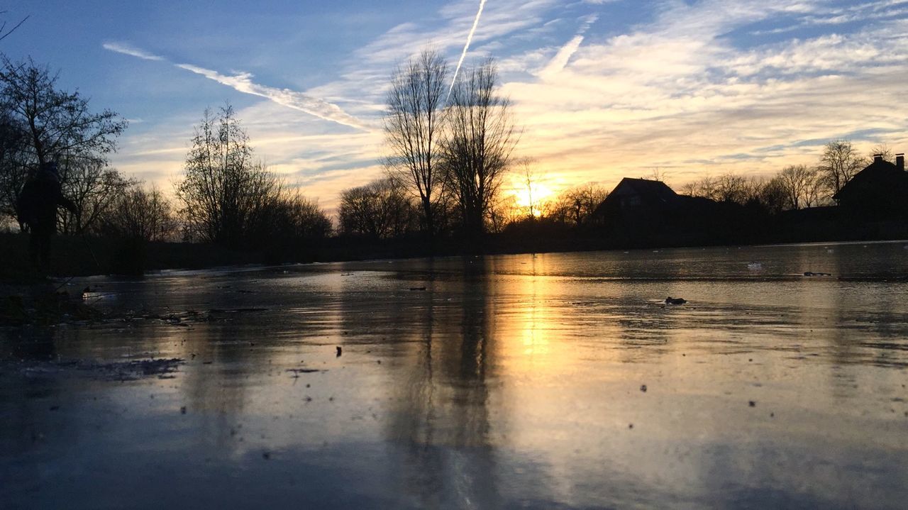 Frozen lake during sunset