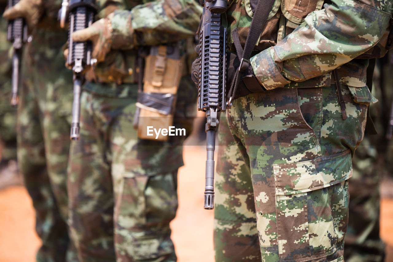 Soldiers with weapons on military combat training