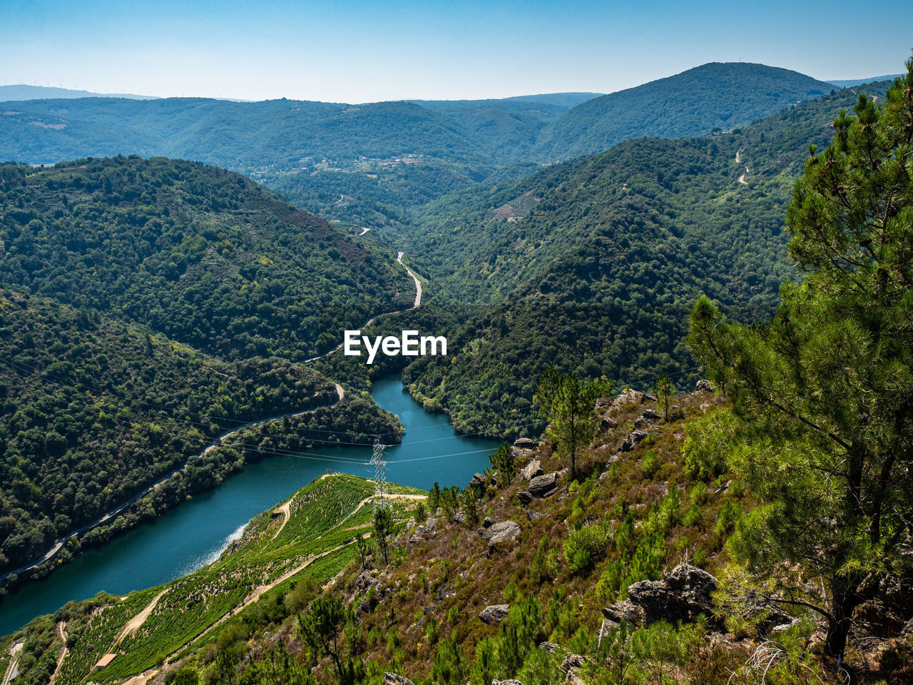 HIGH ANGLE VIEW OF BAY AND TREES AGAINST SKY