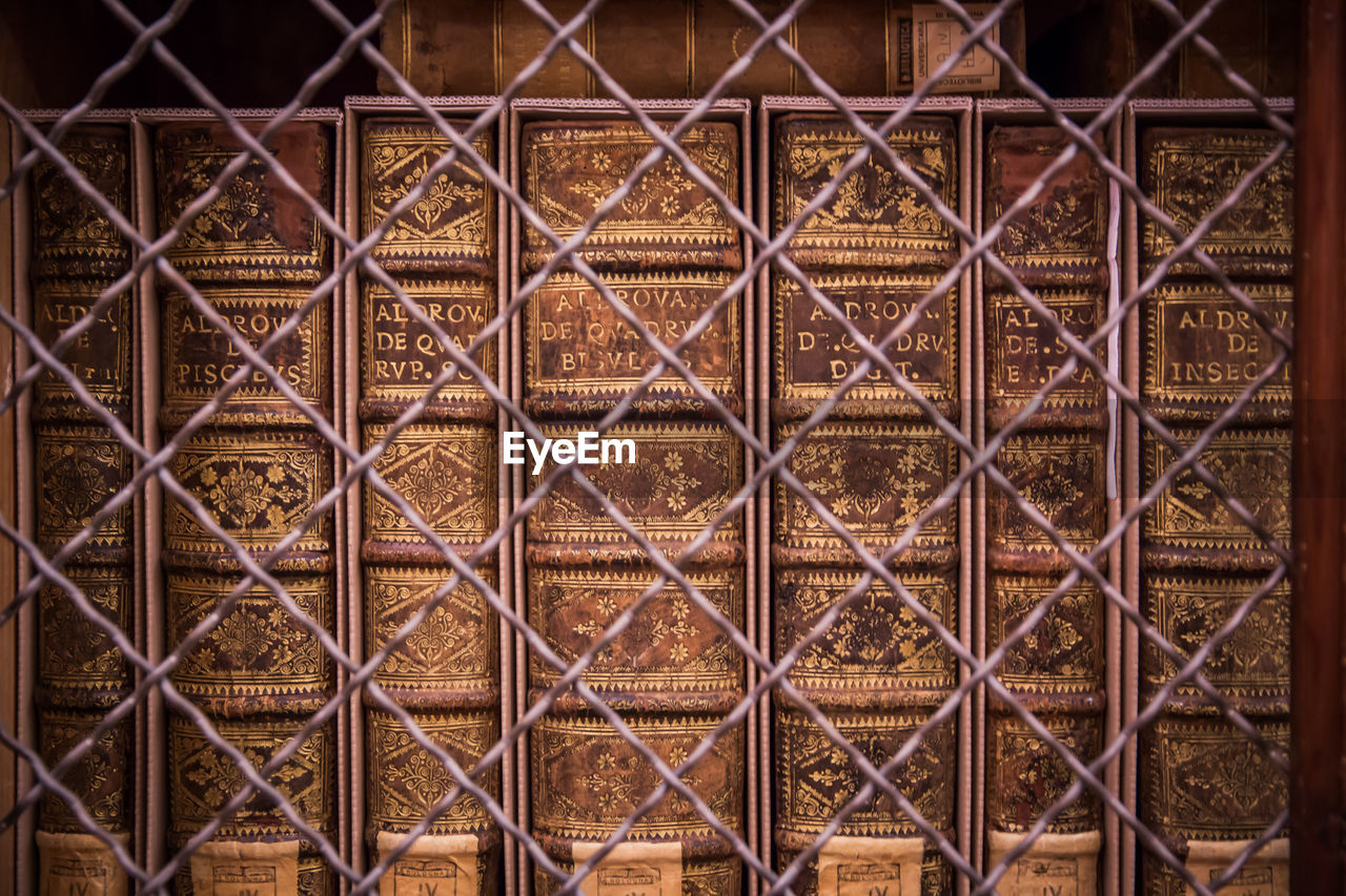 FULL FRAME SHOT OF METAL FENCE AGAINST WALL