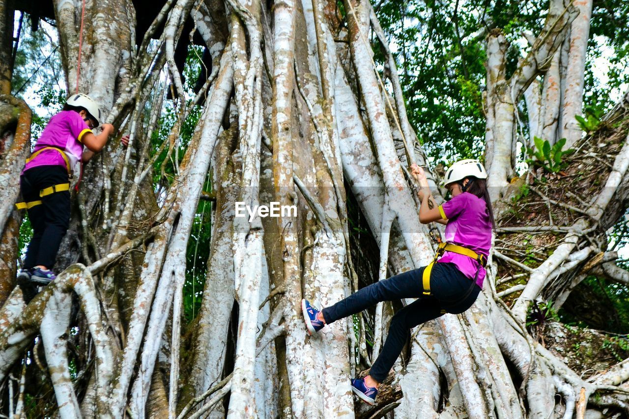 FULL LENGTH OF WOMAN CLIMBING ON TREE