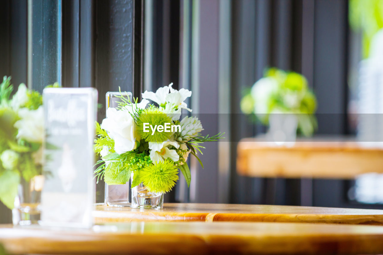 Close-up of white flowers in vase on wooden table