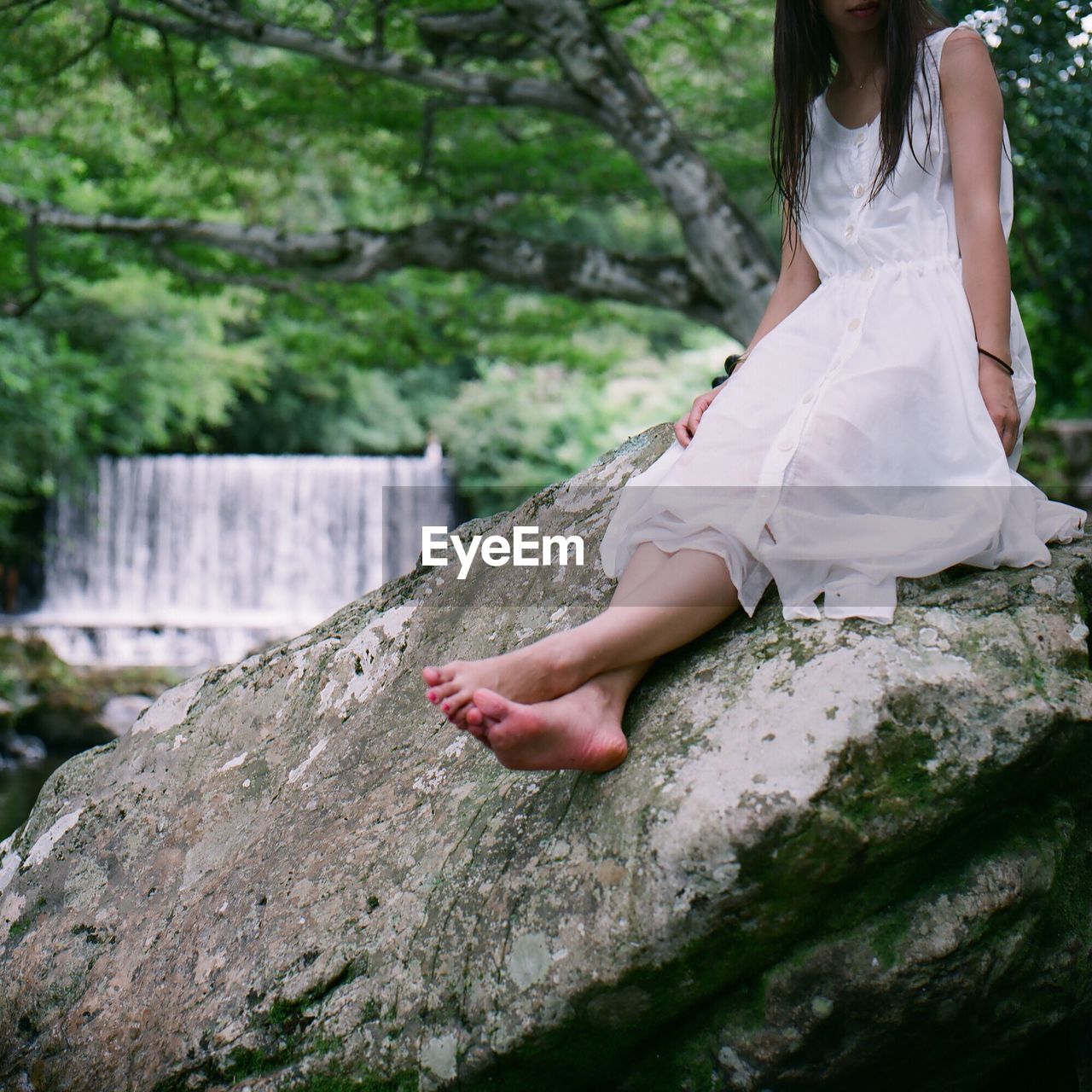 Low section of woman sitting on rock at forest