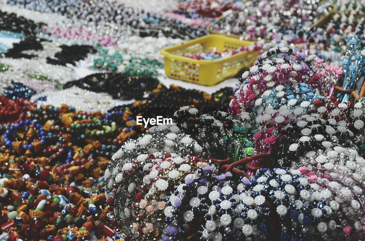 Close-up of jewelries at souvenir market