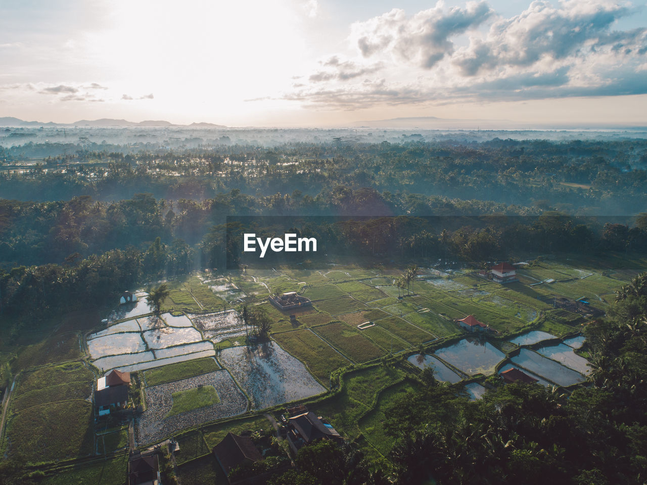 HIGH ANGLE VIEW OF AGRICULTURAL LANDSCAPE AGAINST SKY