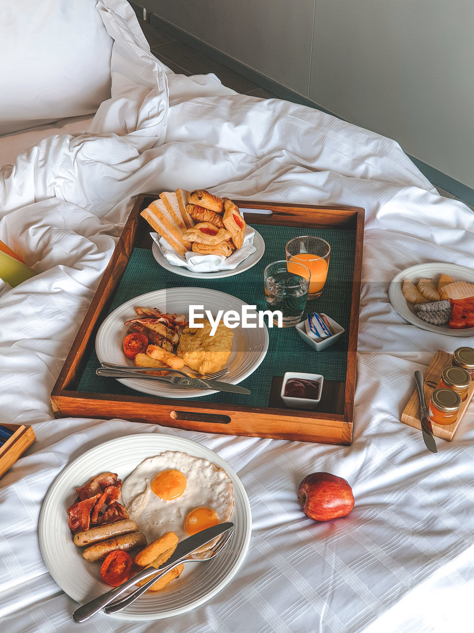 High angle view of food in bed at home