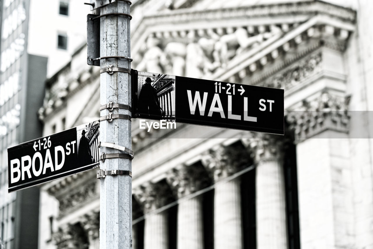 LOW ANGLE VIEW OF ROAD SIGN AGAINST BUILDING