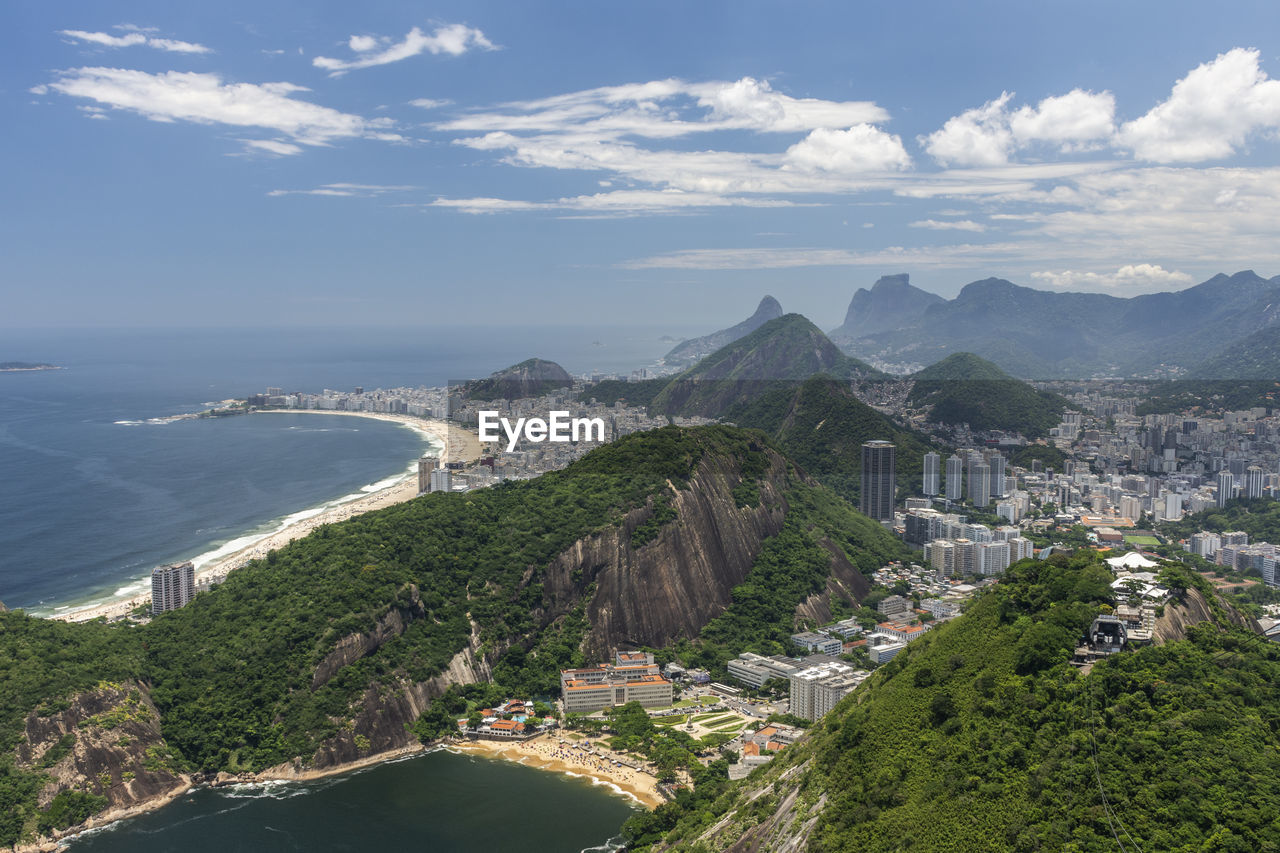 Beautiful view from sugar loaf cable car to green rainforest mountains