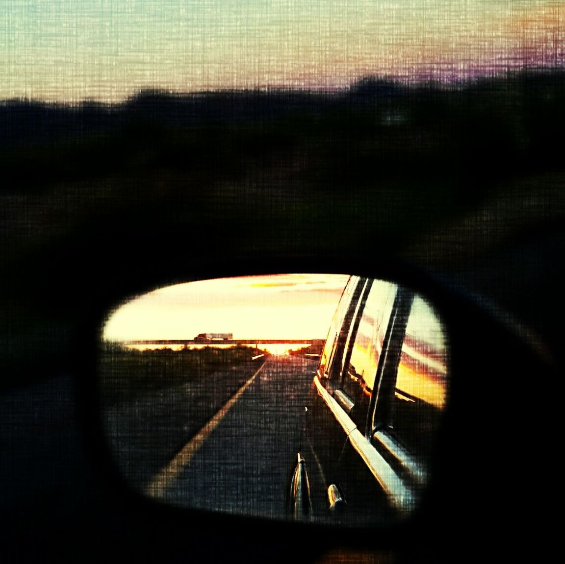 sunset, side-view mirror, window, transportation, mode of transport, indoors, no people, land vehicle, close-up, sky, day, nature
