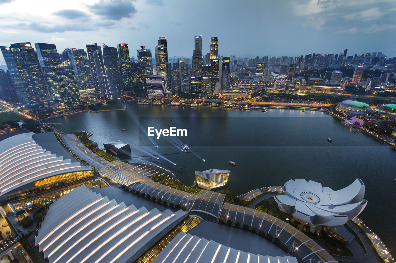 A beautiful bird's-eye view of the city of singapore at night.