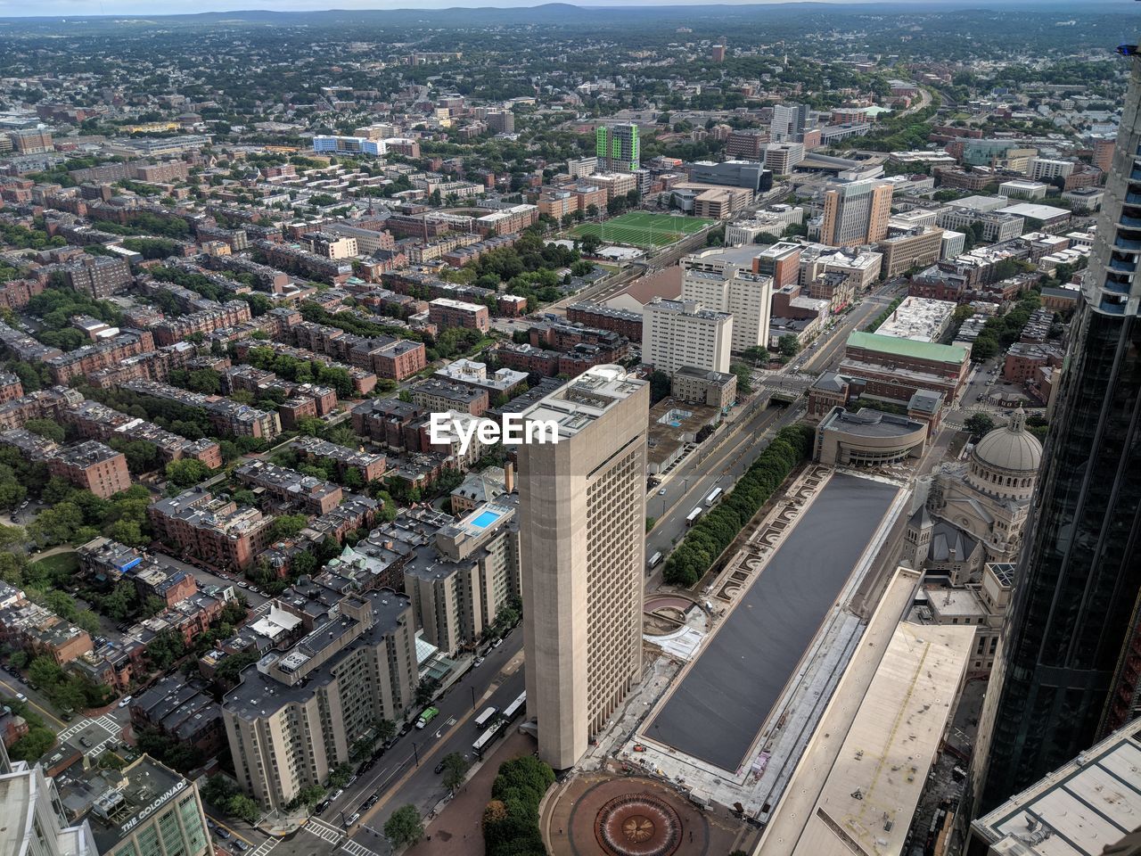 High angle view of modern buildings in city