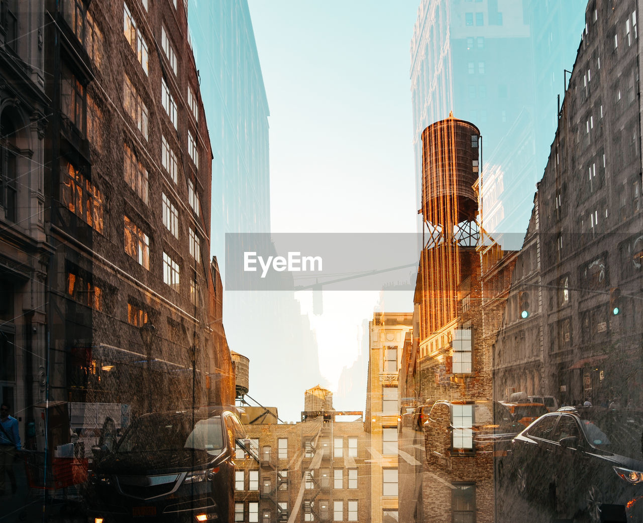 Double exposure of buildings and cars