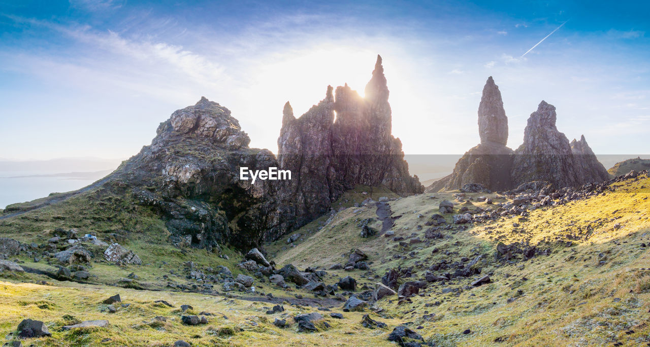 Panorama of old man of storr, isle of skye, scotland. rocks breathtaking views of scottish highlands