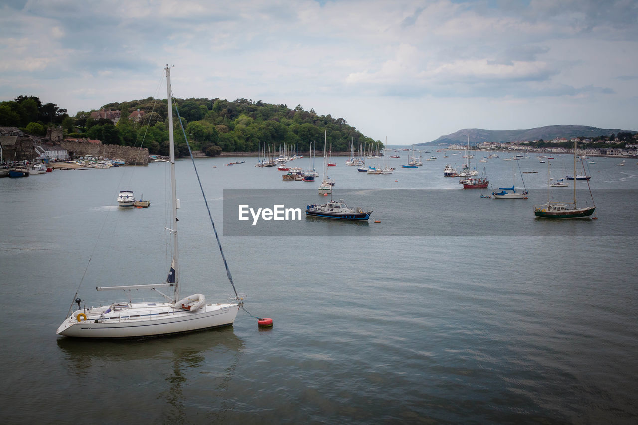 HIGH ANGLE VIEW OF SAILBOAT MOORED IN SEA