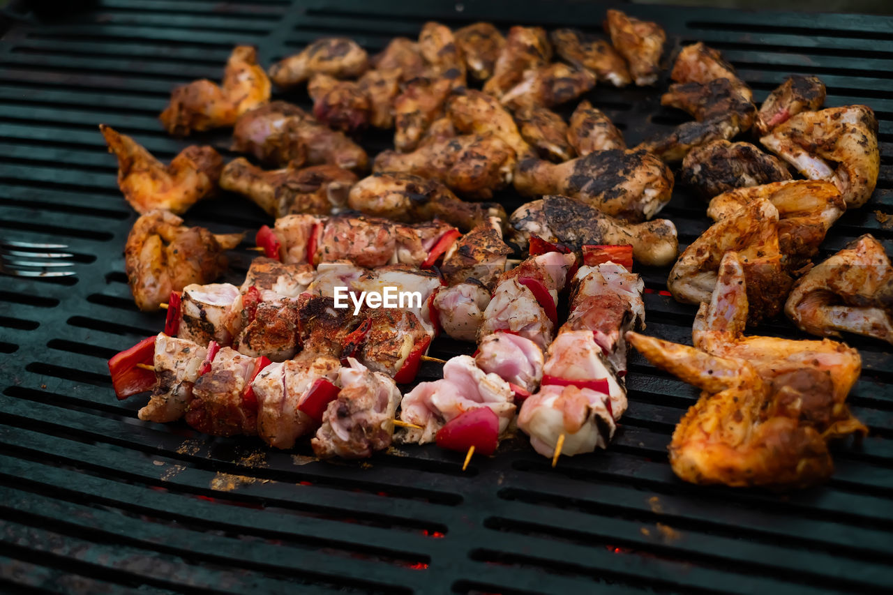 Close-up of meat on barbecue grill