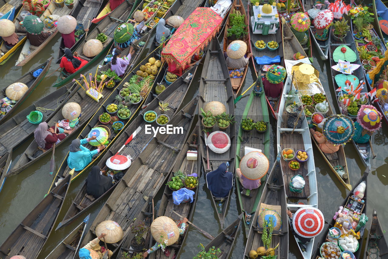 High angle view of floating market