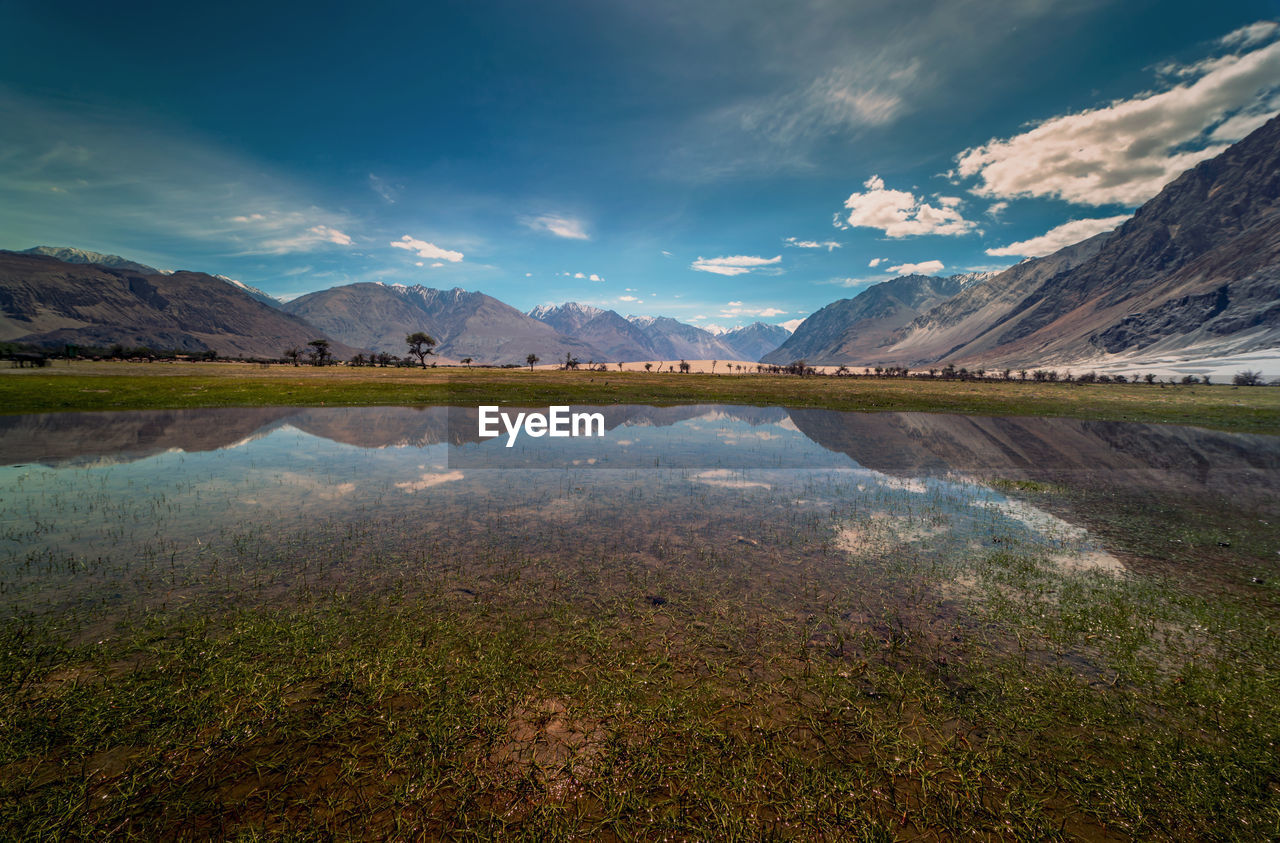 Scenic view of lake by mountains against sky