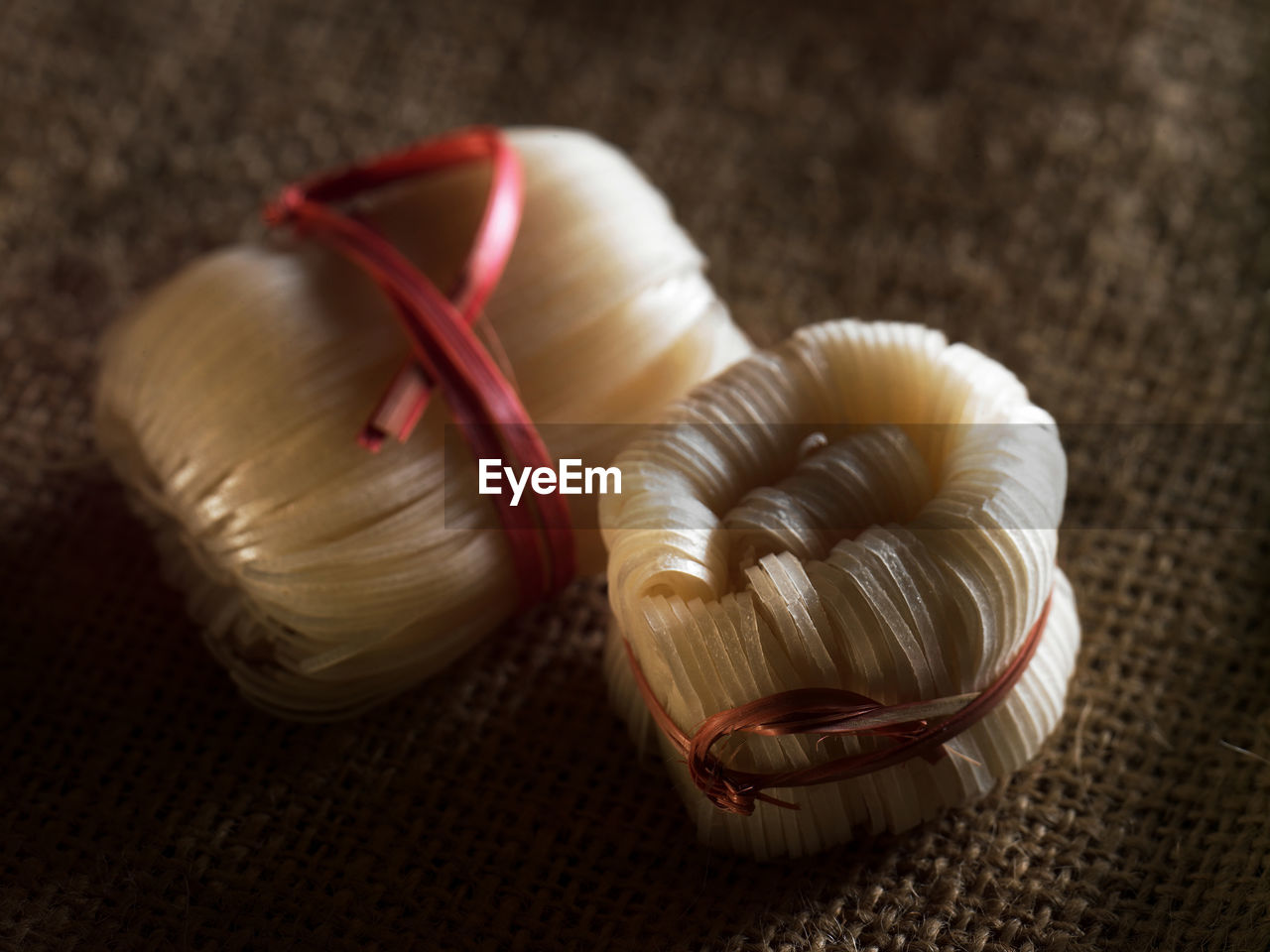 Close-up of cellophane noodles on burlap