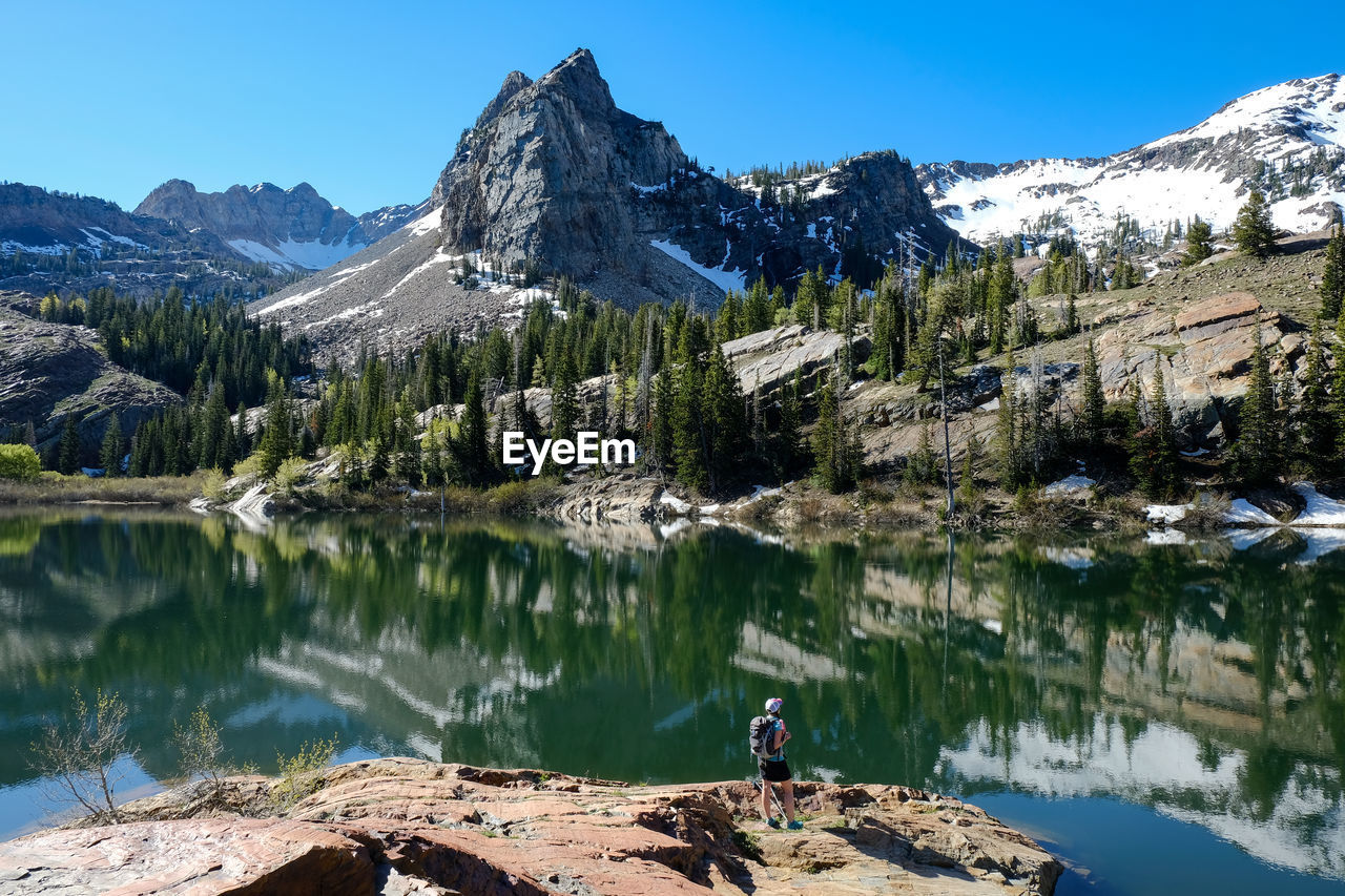 Scenic view of lake by mountains against sky