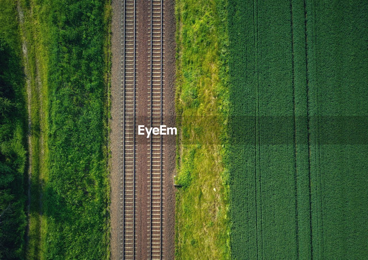 Scenic view of agricultural field and a train track from  high above 